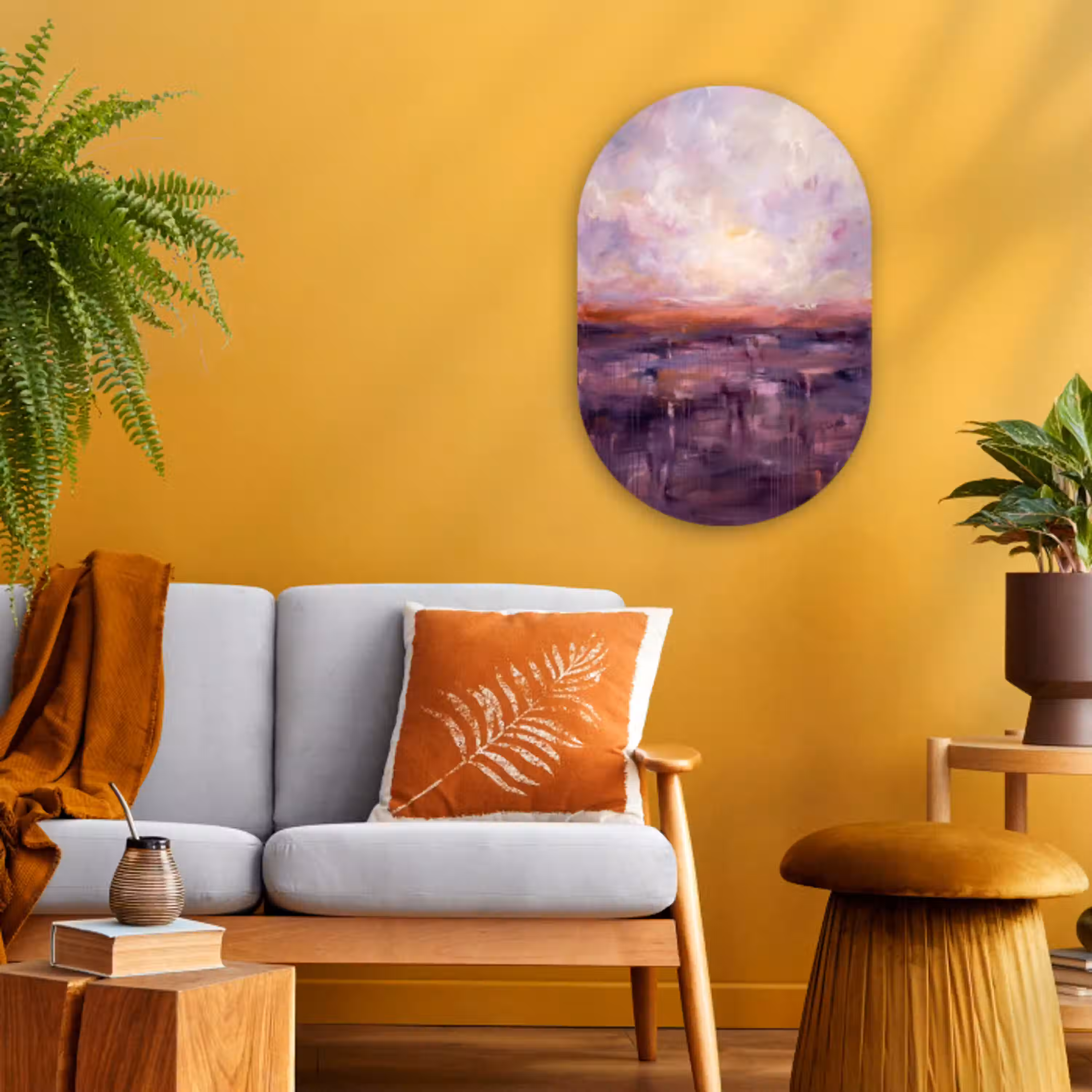 Abstract - Landschap - Modern - Paars - Oranje Wandcirkel Ovaal Forex klein -sfeer4