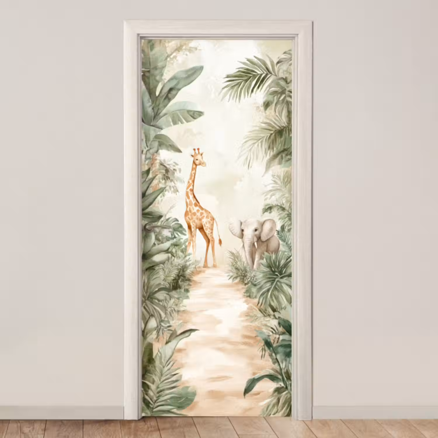 Deursticker - Jungle - Giraf - Olifant - Groen - Natuur