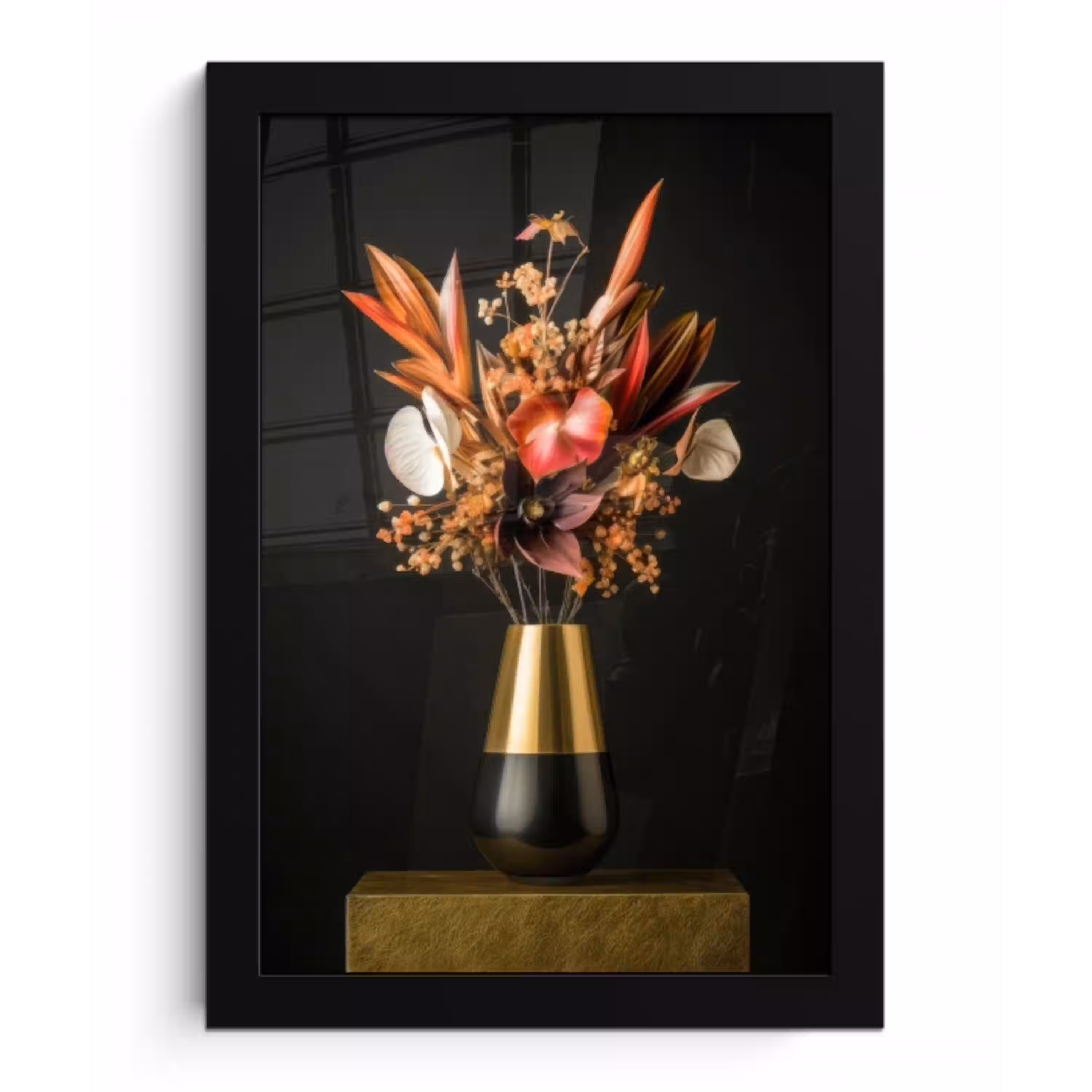 Exotisch - Boeket - Vaas - Goud fotolijst zwart zonder passe partout klein -3d