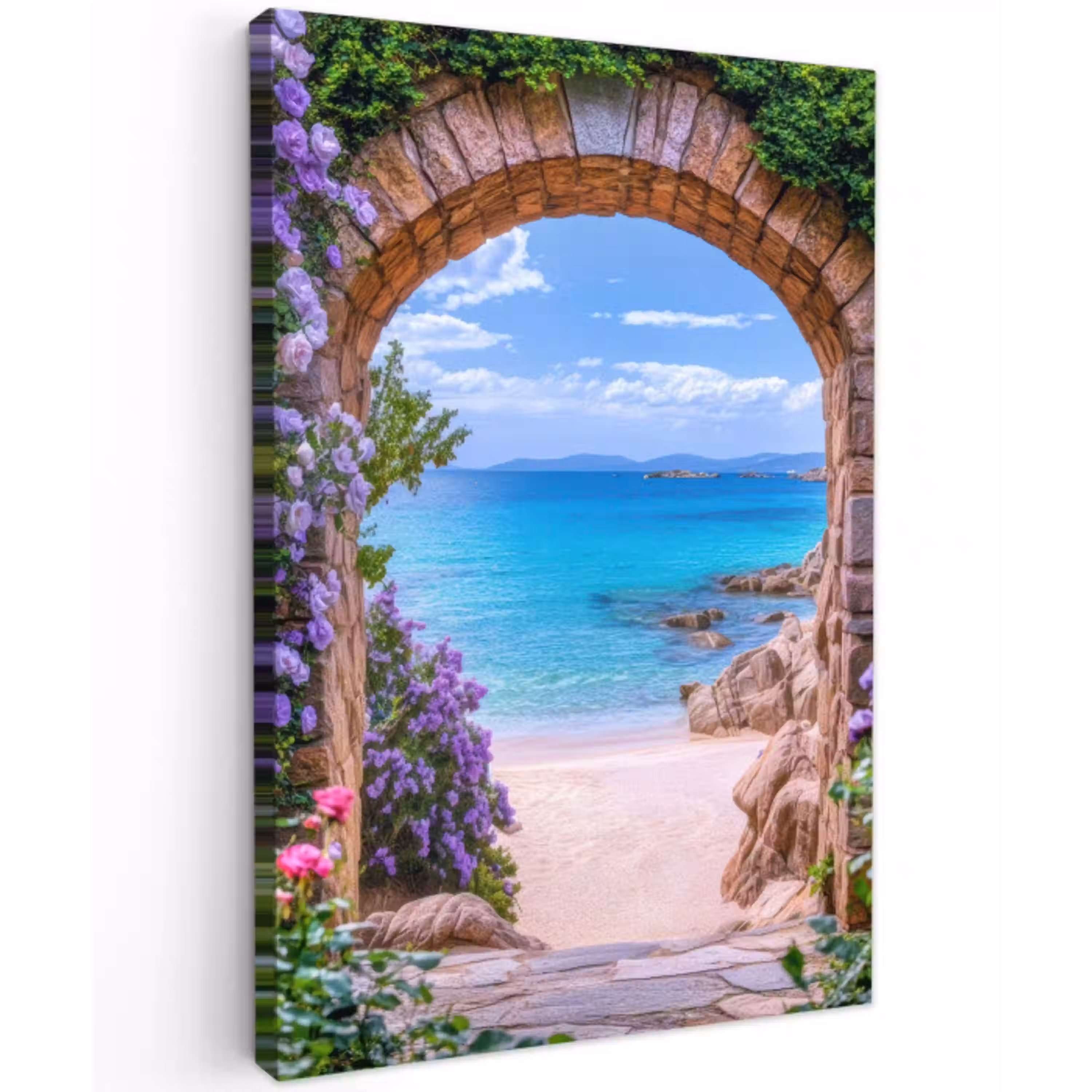 Doorkijk - Poort - Zee - Strand - Rotsen Tuinposter op houten frame 2 cm dik klein -3d