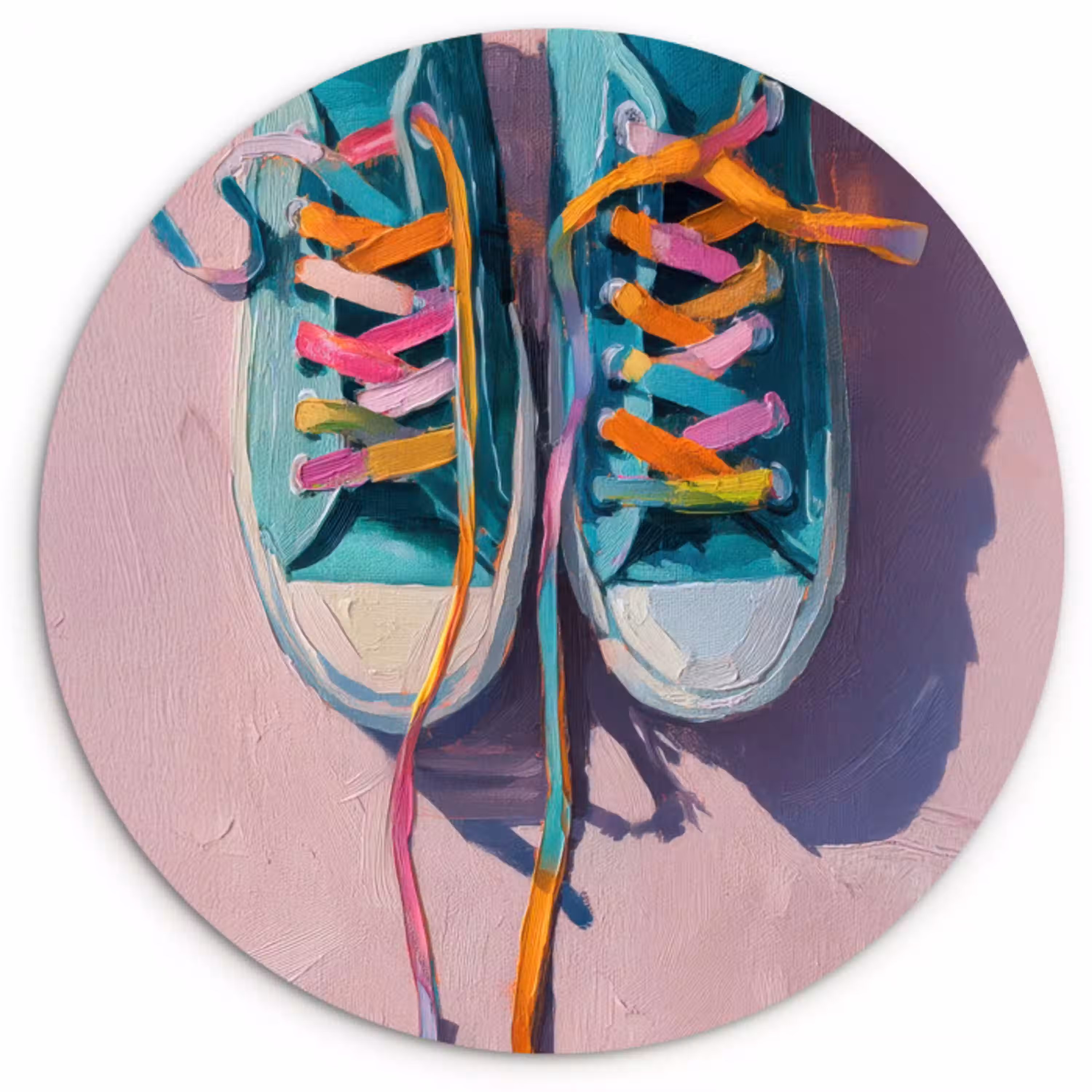Sneakers - Veters - Kleurrijk - Schaduw Wandcirkel kunststof plaat 5mm dik klein -3d