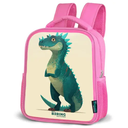 Spiky dino met vriendelijke blik Kinderrugzak - Roze middel -schuin