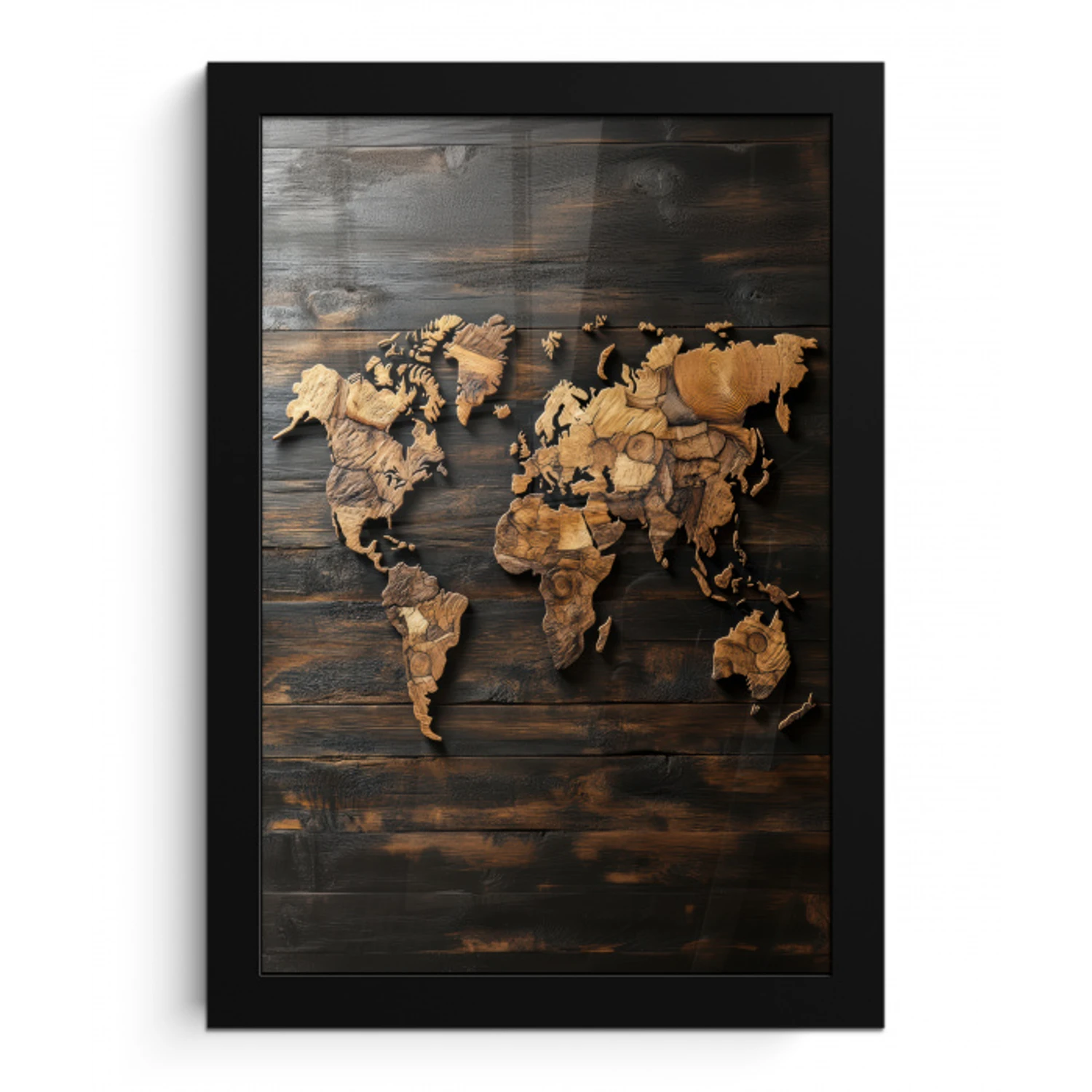 Wereldkaart -  Hout - Mozaïek fotolijst zwart zonder passe partout klein -3d