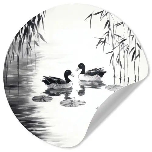 Eenden - Waterlelies - Riet - Zwart Wandcirkel behangsticker klein -3d