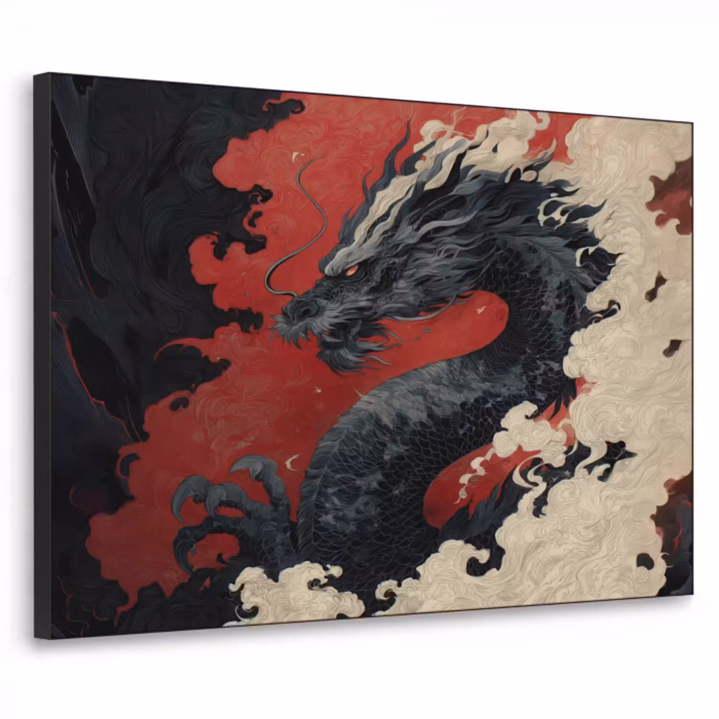Zwarte draak - Rookwolken - Rood Textielframe - compleet frame klein -3d