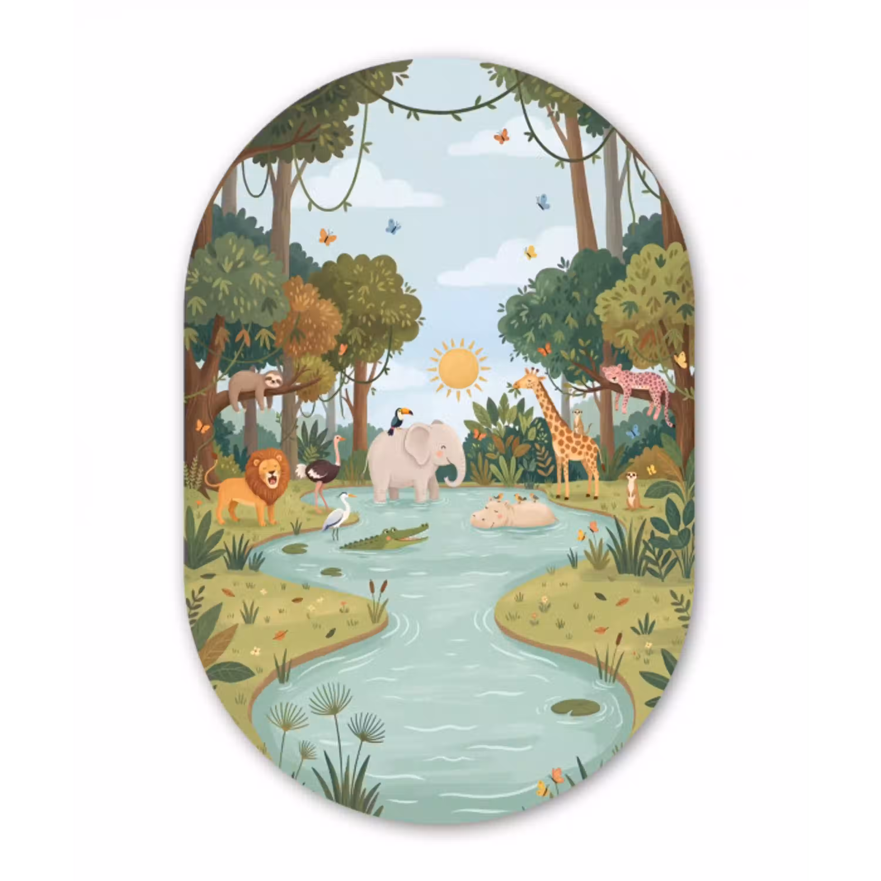 Jungle - Oase - Dieren - Kleurrijk Wandcirkel Ovaal Aluminium middel -3d