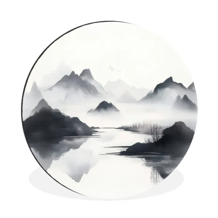Bergen - Mistig - Water - Wit Wandcirkel aluminium klein -3d