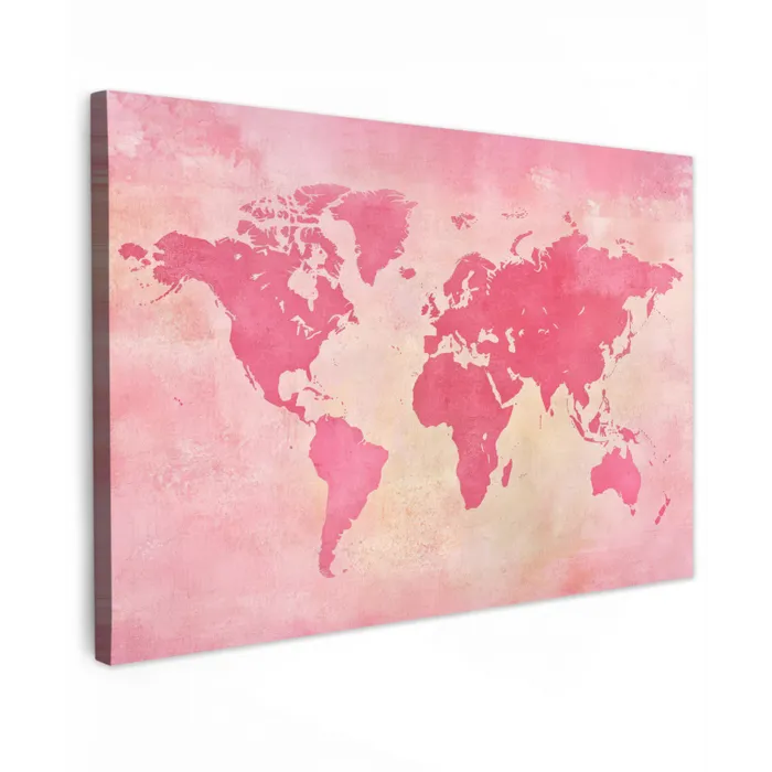 Wereldkaart - Roze - Vaag canvas 2cm klein -z3d