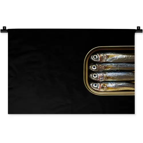 Sardines - Blik - Zwart - Vissen Wandkleed katoen klein -zz3d