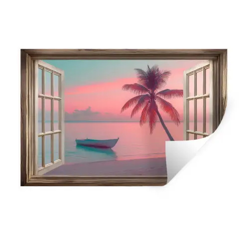 Doorkijk - Strand - Palmboom - Tropisch Muursticker klein -3d