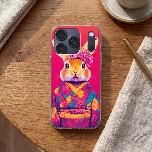 Konijn - Bloemen - Kleurrijk - Kimono Telefoonhoesje iPhone 17 Pro klein -sfeer1