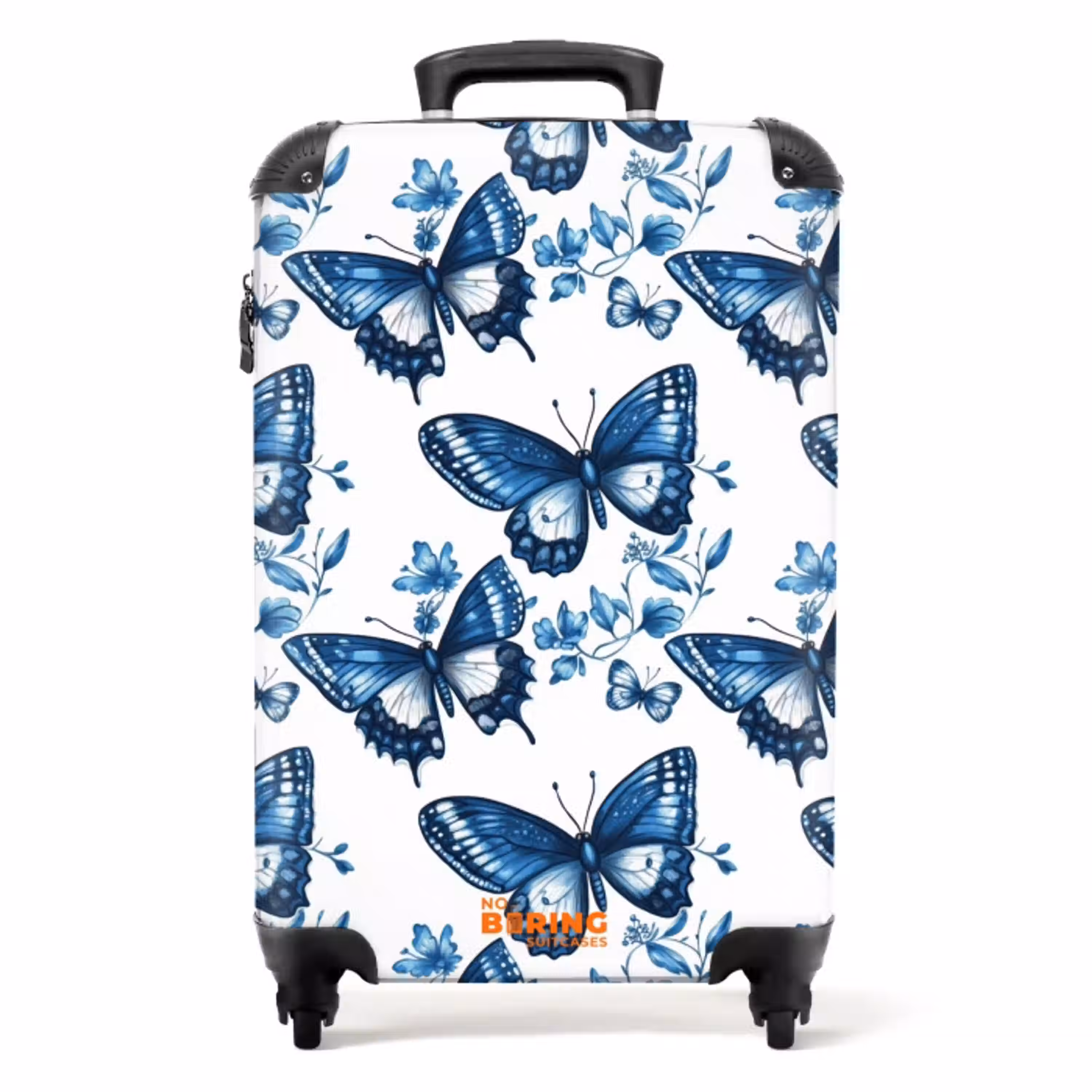 Blauw - Vlinders - Bloemen - Wit NBS - Handbagage koffer - Volwassenen Unisex middel -productfoto_recht