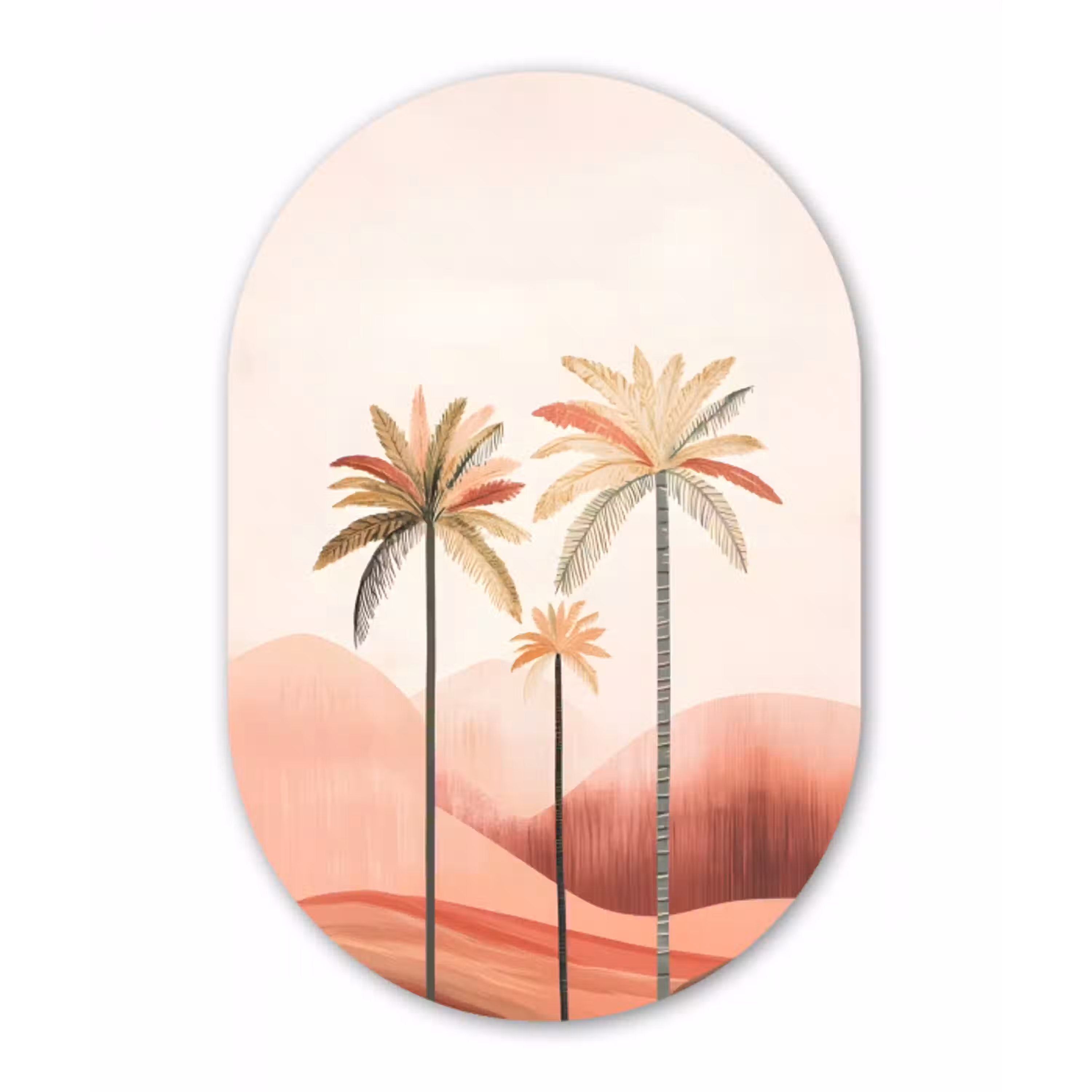 Palmbomen - Heuvels - Minimalistisch - Zachtroze Wandcirkel Ovaal Glas middel -3d