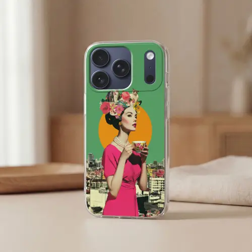 Retro - Vrouw - Stad - Zon Telefoonhoesje iPhone 17 Pro klein -sfeer2