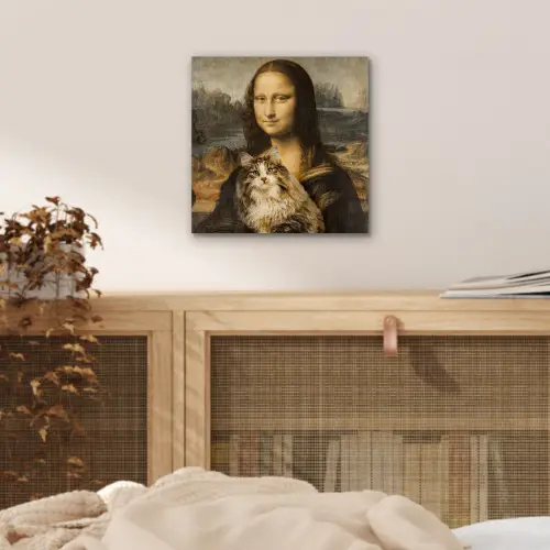 Mona Lisa - Kat - Leonardo da Vinci - Vintage - Kunstwerk - Oude meesters - Schilderij aluminium wit klein -sfeer3