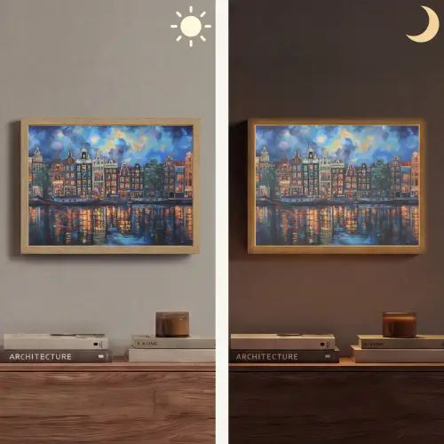 Grachten Amsterdam - Huizen - Stad - Kleurrijk Light Box met batterij (Wandlamp) middel -sfeer3