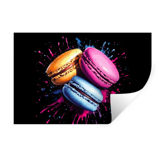 Macarons - Dessert - Graffiti - Kleurrijk - Roze - Blauw - Geel Muursticker klein -3d