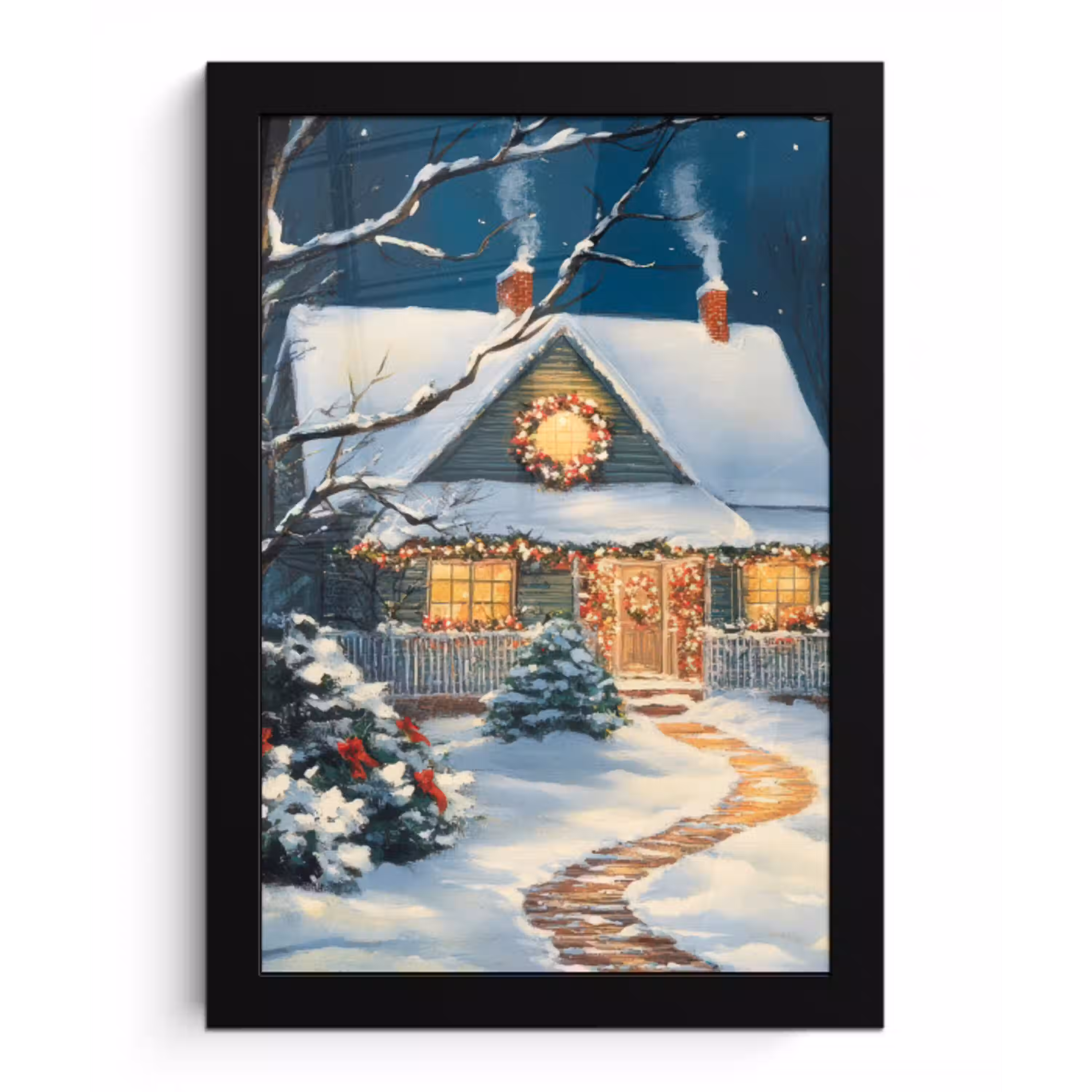Kerst - Kerstboom - Winter - Huis - Sneeuw fotolijst zwart zonder passe partout klein -3d
