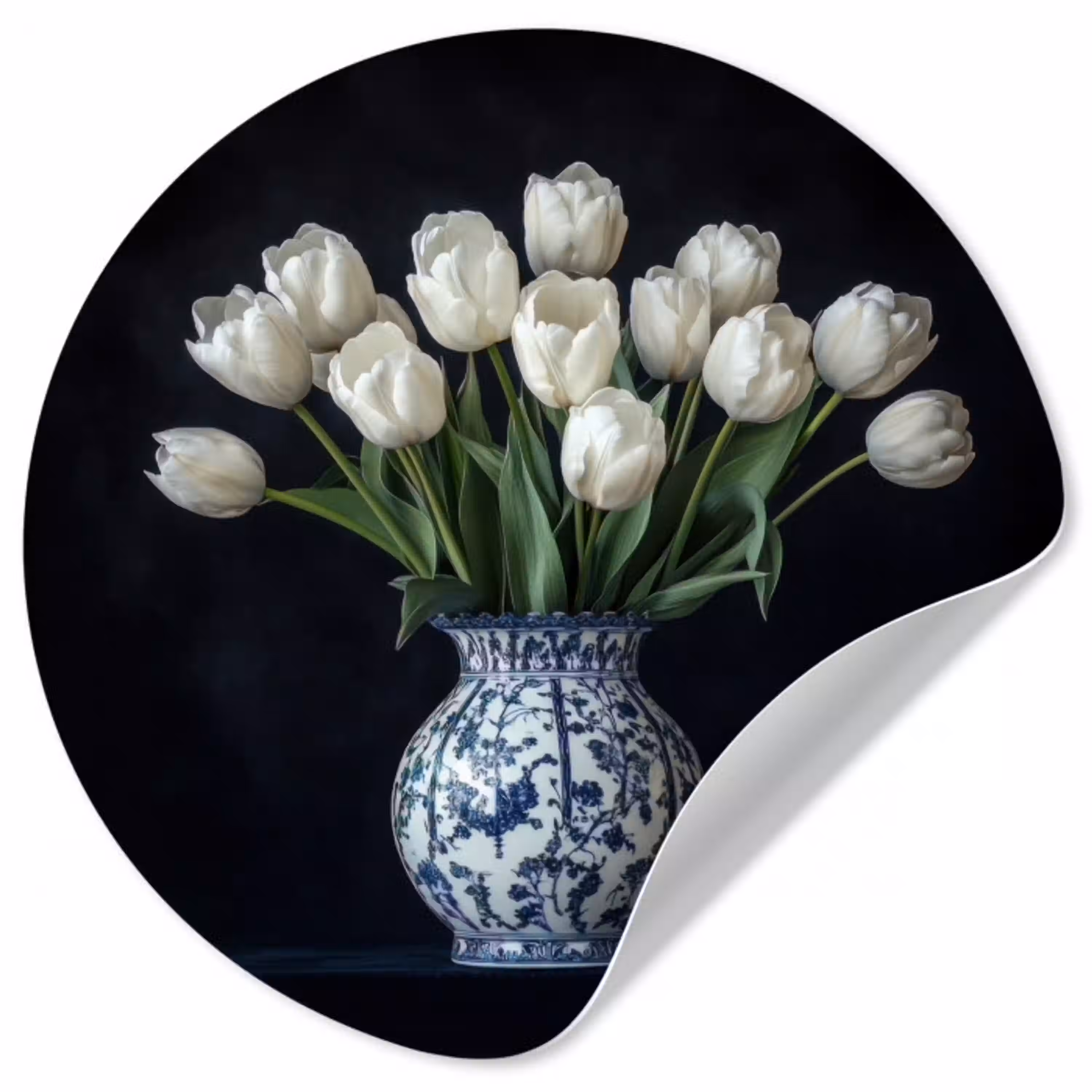 Wit - Bloemen - Tulpen - Vaas Wandcirkel behangsticker klein -3d