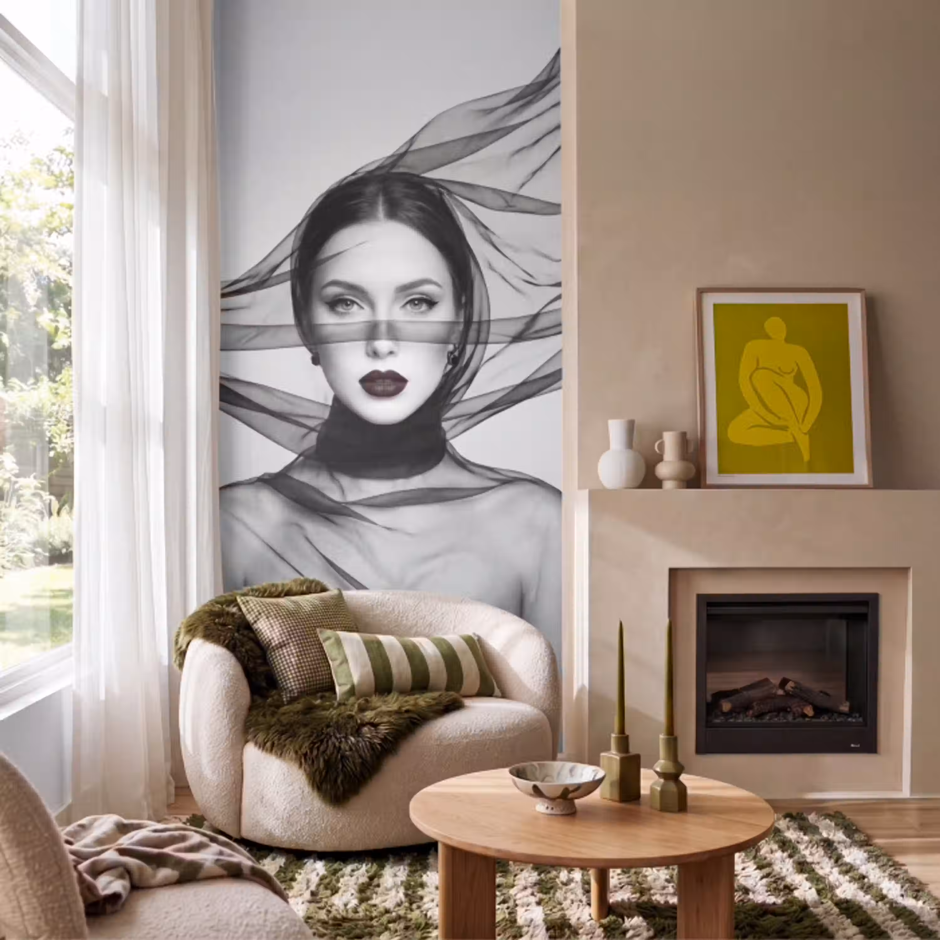 Vrouw - Sluier - Portret - Zwart  - Wit - Elegant Behang Vlies klein -sfeer2