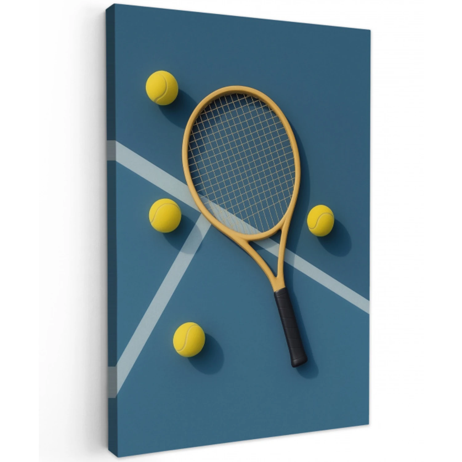 Tennisracket - Bal - Blauw - Veld Tuinposter op houten frame 2 cm dik middel -3d