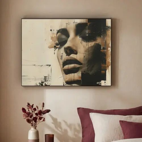 Vrouw - Gezicht - Abstract - Kunst Textielframe zwart klein -sfeer1