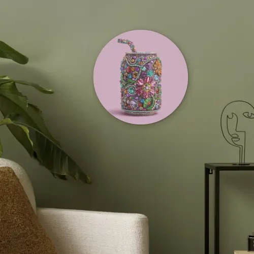 Frisdrankblikje - Bloemenpatroon - Edelstenen - Kleurrijk Akoestische PET Vilt - Rond klein -sfeer2