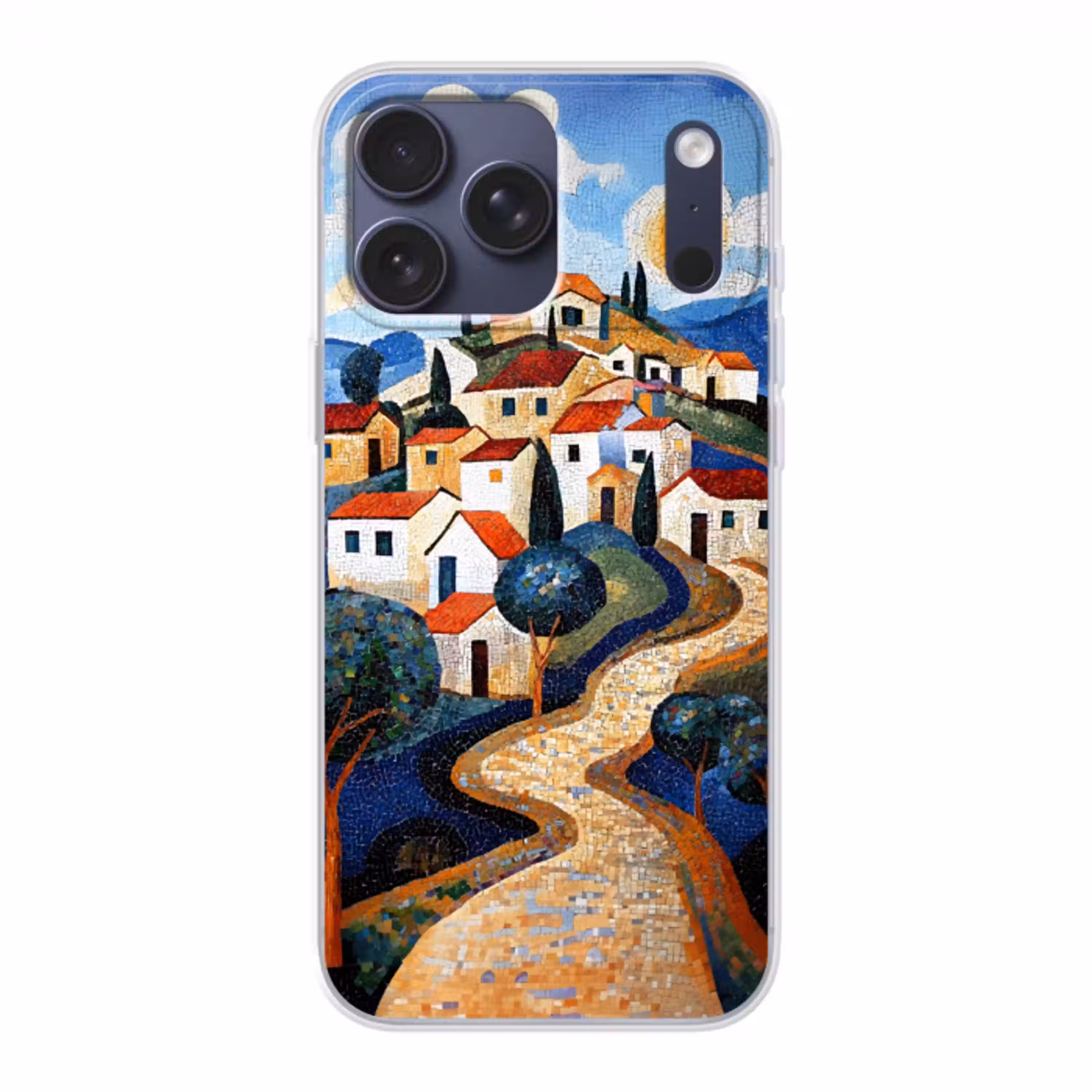 Dorp - Heuvelachtig - Zon - Mozaïek Telefoonhoesje iPhone 17 Pro Max klein -3d