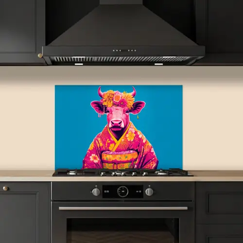 Koe - Bloemenkrans - Oorhangers - Kimono keuken achterwand spatscherm klein -sfeer1