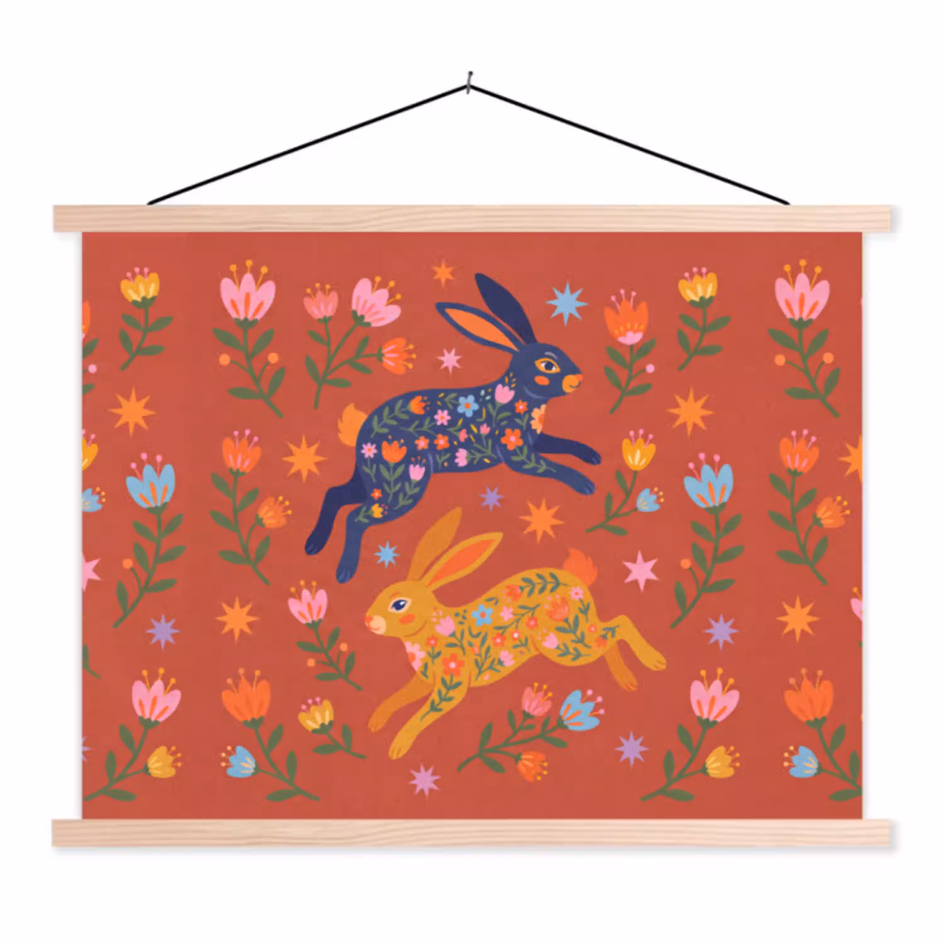 Konijn - Bloemen - Folk Art - Kleurrijk - Dieren textielposter latten blank klein -3d