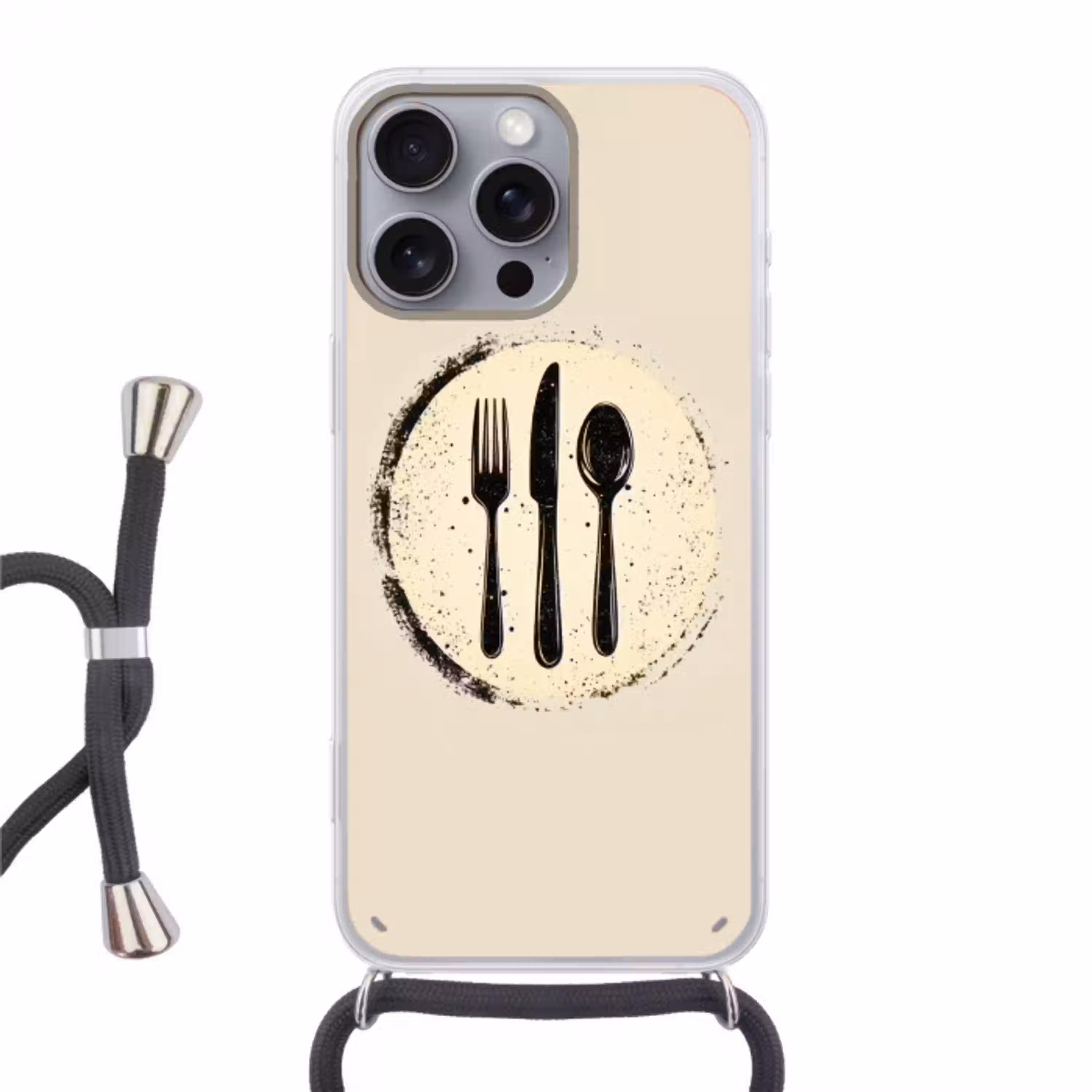 Zwart - Bestek - Rondje Hoesje iPhone 16 Pro Max met koord klein -3d