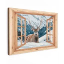 Doorkijk - Hert - Landschap - Winter - Natuur - Dieren - Bergen Tuinposter op houten frame 2 cm dik klein -3d