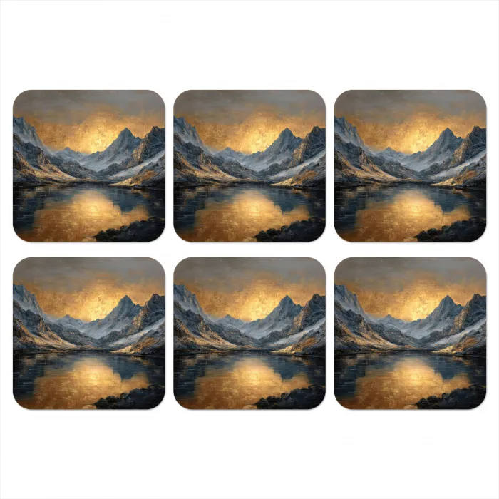 Berglandschap met Gouden Zonsondergang onderzetter kurk middel -3d