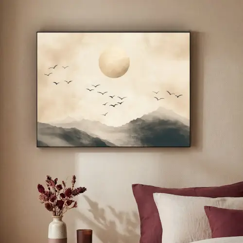 Landschap - Japandi - vogel Textielframe - compleet frame klein -sfeer1