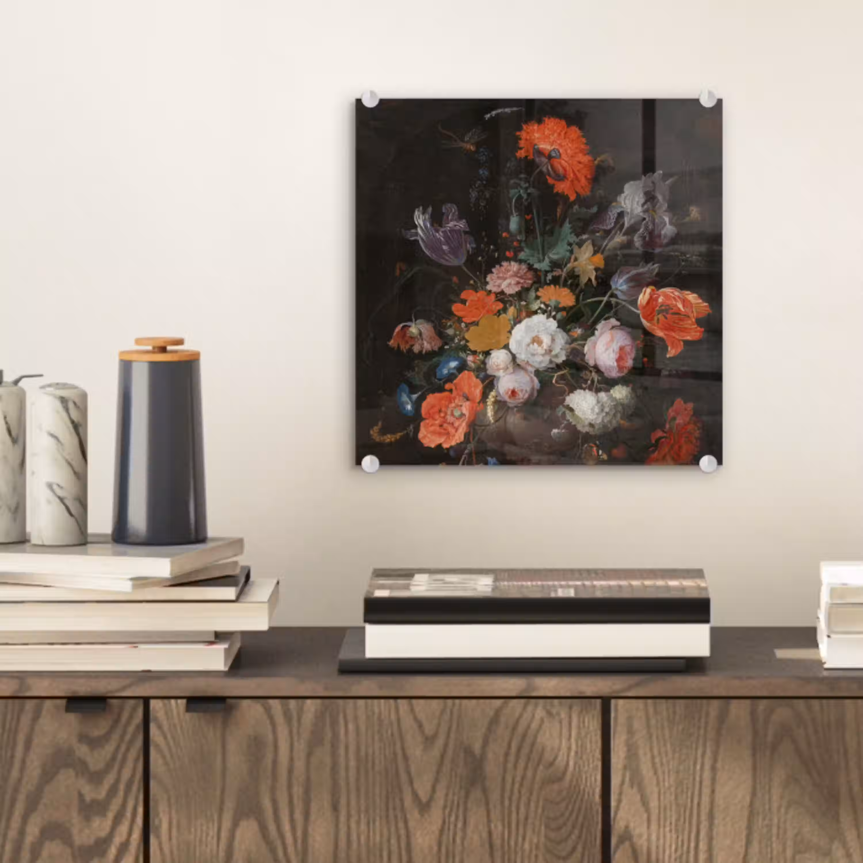 Stilleven met bloemen en een horloge - Schilderij van Abraham Mignon plexiglas 5mm klein -sfeer1