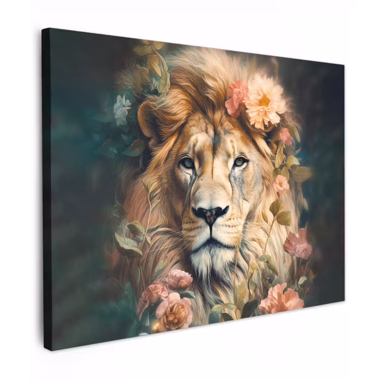 Canvas schilderij - Leeuw - Leeuwenkop - Wilde dieren - Bloemen