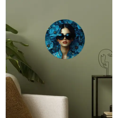 Vrouw - Bloemen - Blauw - Aesthetic - Luxe Wandcirkel behangsticker klein -sfeer2