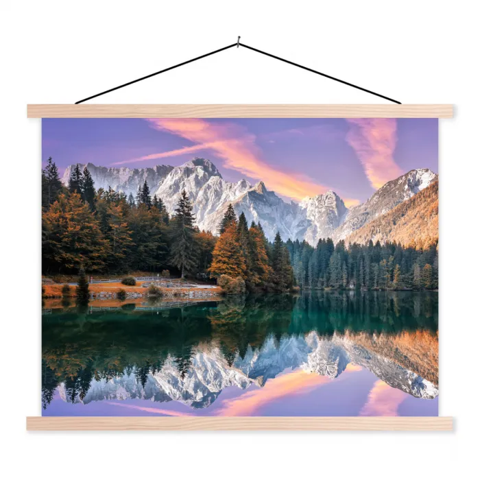 Bergen - Bos - Water - Lucht - Roze - Paars textielposter latten blank klein -3d