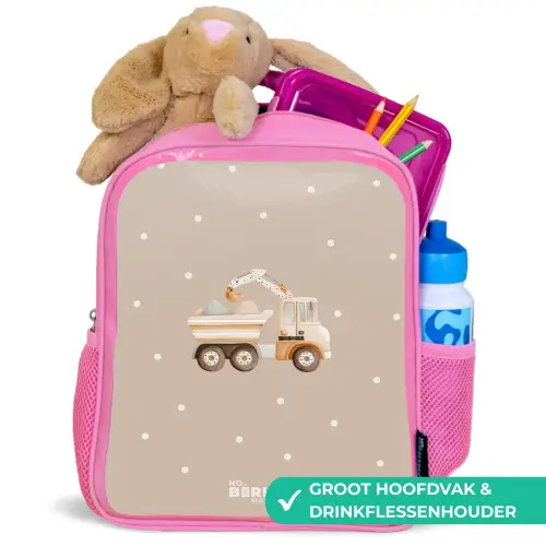 Gele kiepwagen met stenen en stippenpatroon Kinderrugzak - Roze middel -inhoud_NL