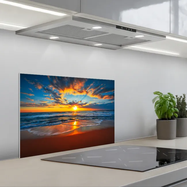 Zee - Zonsondergang - Strand - Wolken - Oranje keuken achterwand spatscherm klein -3d_schuin