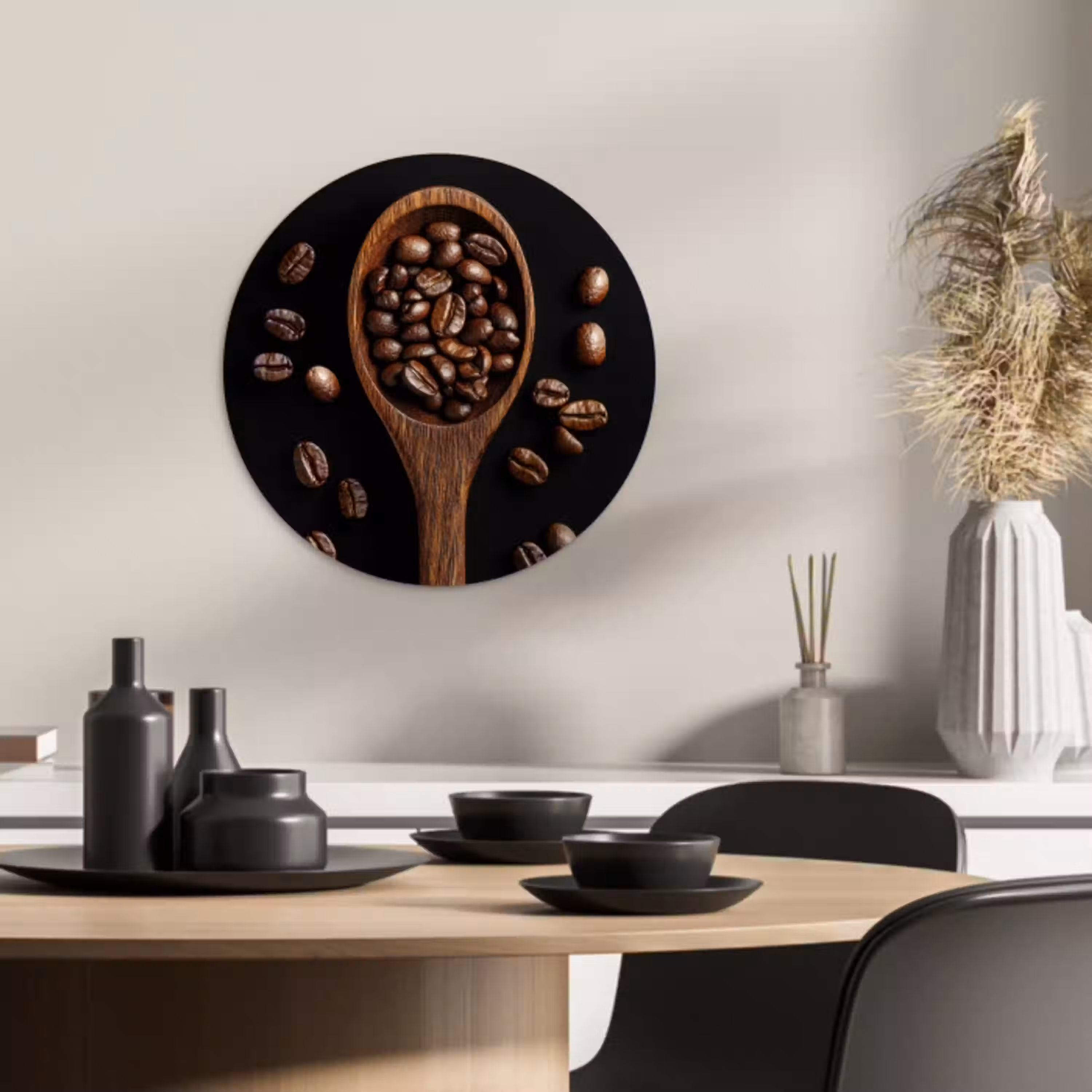Hout - Zwart - Koffiebonen KitchenYeah - Keuken - Wandcirkel Forex klein -sfeer2