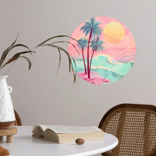 Palmbomen - Golven - Zee Wandcirkel behangsticker klein -sfeer3