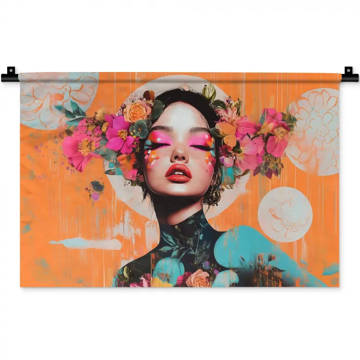 Portret - Vrouw - Abstract - Bloemen Wandkleed katoen klein -zz3d