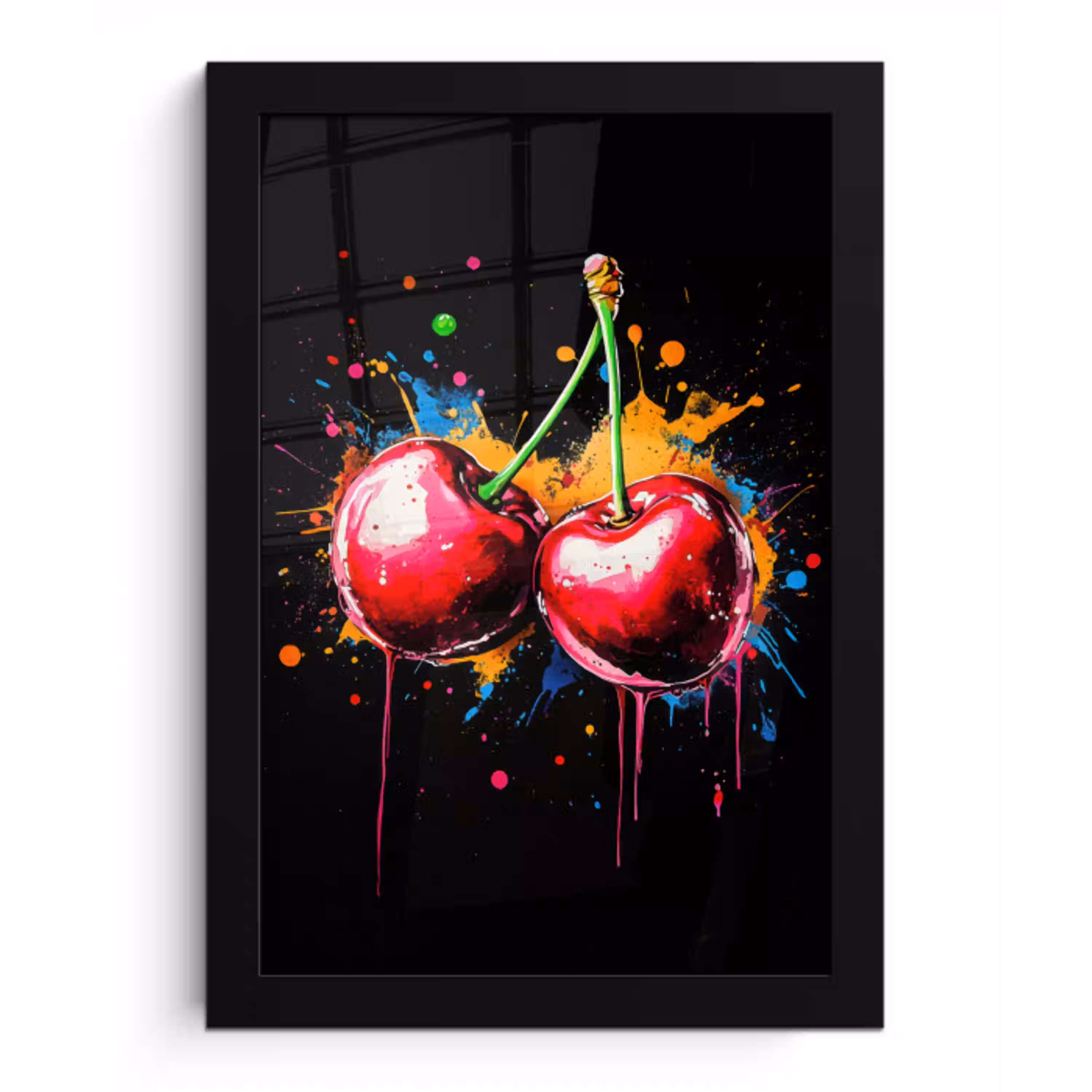 Kersen - Fruit - Graffiti - Verf - Abstract - Modern - Kleurrijk fotolijst zwart zonder passe partout klein -3d