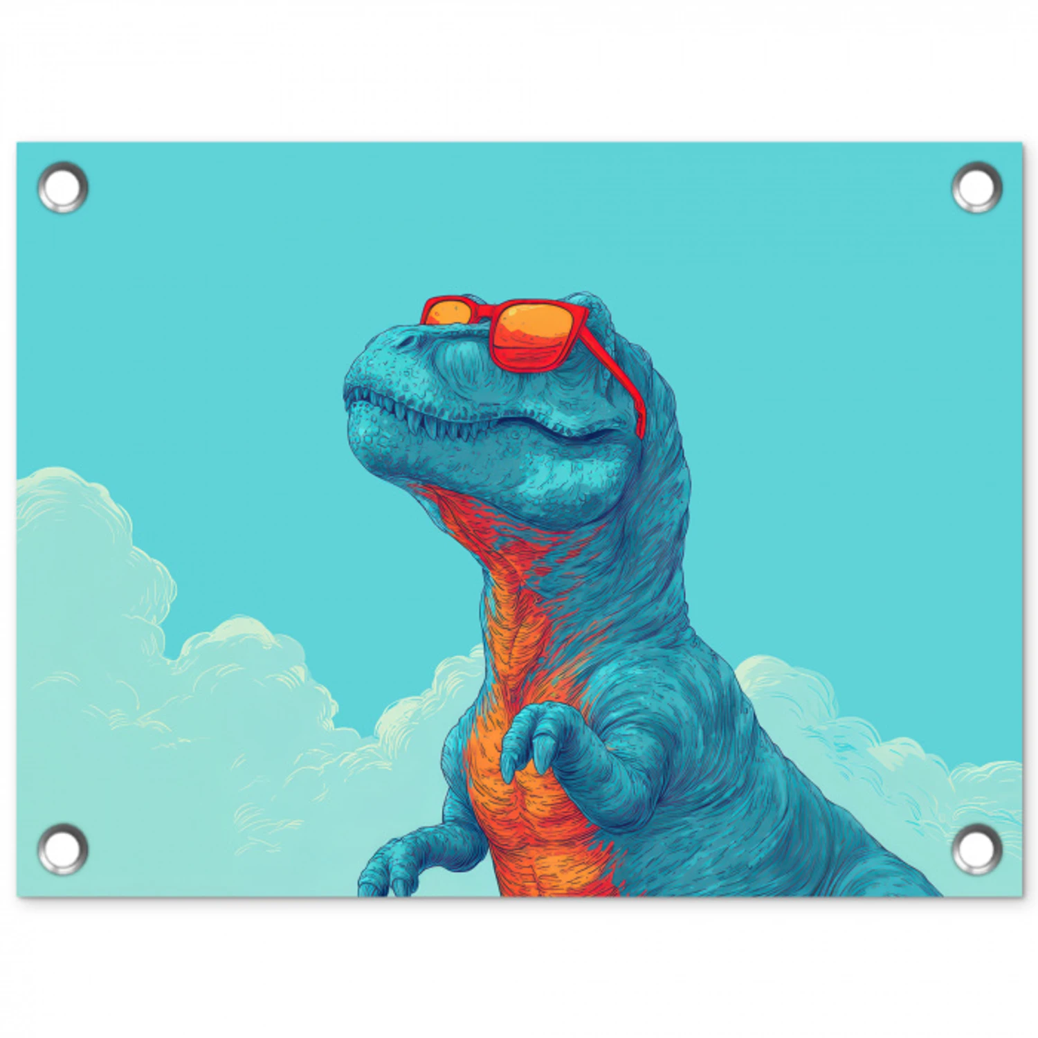 T-Rex - Blauw - Wolken - Zonnebril tuinposter los doek klein -3d