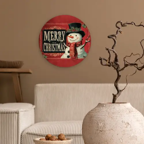 Klassiek - Kerstgroet - Sneeuwpop - Rood Wandcirkel kunststof plaat 5mm dik klein -sfeer1