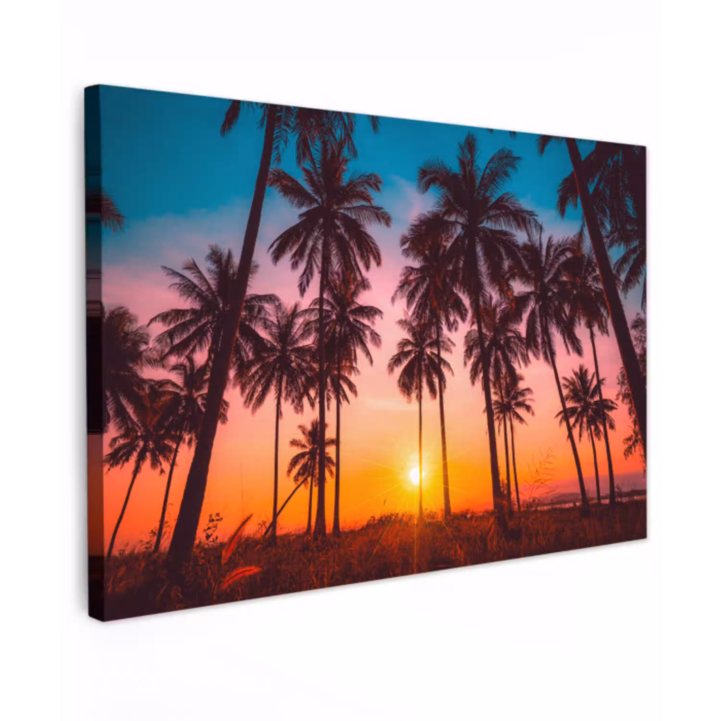Palmboom - Zonsondergang - Horizon - Strand - Oranje - Roze Tuinposter op houten frame 2 cm dik klein -3d
