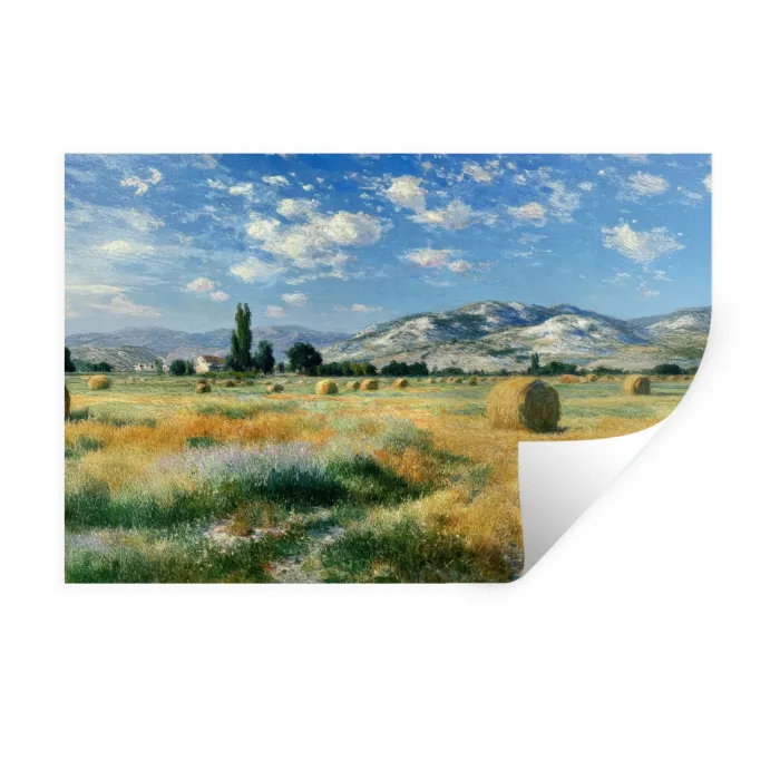 Landschap - Strobalen - Bergen - Wolken Muursticker klein -3d