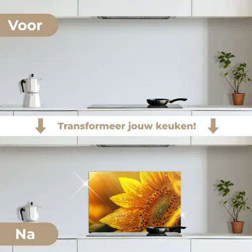 Zonnebloem - Dauwdruppels - Geel - Zonlicht keuken achterwand spatscherm klein -voor_na_NL