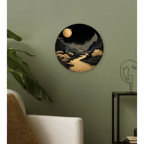 Gouden rivier - Bergen - Maan - Sterrenhemel Wandcirkel kunststof plaat 5mm dik klein -sfeer3